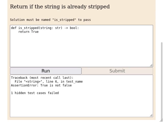 Submitted code showing failed test