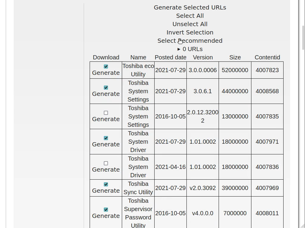 Table showing recommended drivers selected for download