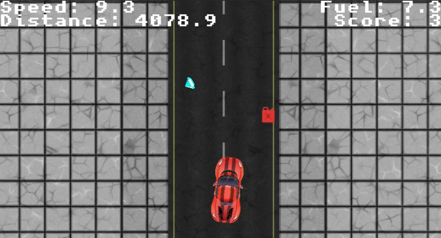 Red car turning towards gas can