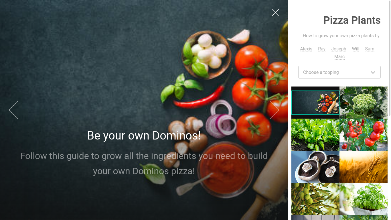 homepage showing an opening message and various ingredient images to the right