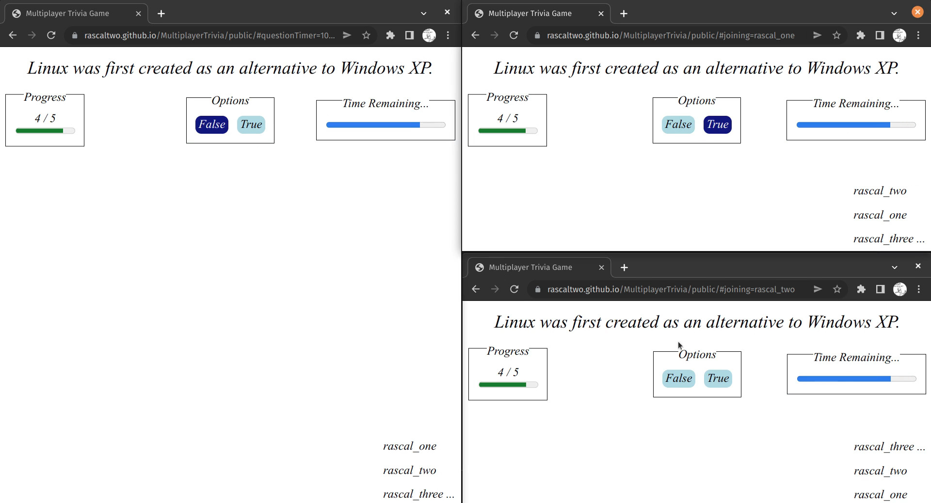 Three browsers playing the trivia game