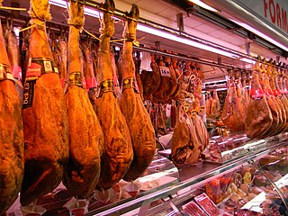 Català: Xarcuteria English: Meat and charcuterie stall