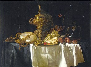 Willem van Aelst, Still life with fruits and dishes.