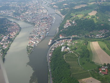 Confluence with Danube (middle) and Ilz (Dreiflüsseeck in Passau)