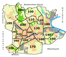 Stadtbezirke (rot), Stadtteile (grau)