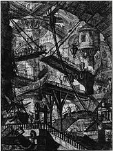 Untitled etching (called "The Drawbridge"), plate VII (of 16) from the series The Imaginary Prisons (Le Carceri d'Invenzione), Rome, 1761 edition (reworked from 1745). by Giovanni Battista Piranesi (1761).