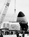 Spacelab engineering model unloaded from C-5 Galaxy in KSC.