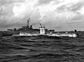 U.S. Navy Bathyscaphe Trieste at the Marianas Trench, just before the record dive, 23 January 1960.