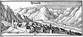 Bludenz um 1643 (Kupferstich von Merian) mit dem Oberen Tor (vorn), der Ill (rechts), dem Montafon (rechts hinten) und dem Klostertal (links hinten)