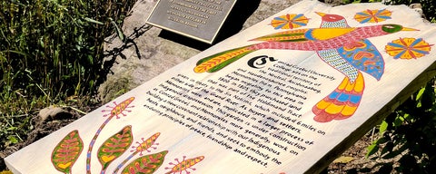 A painted, wooden land acknowledgement sign resting on grassy ground.