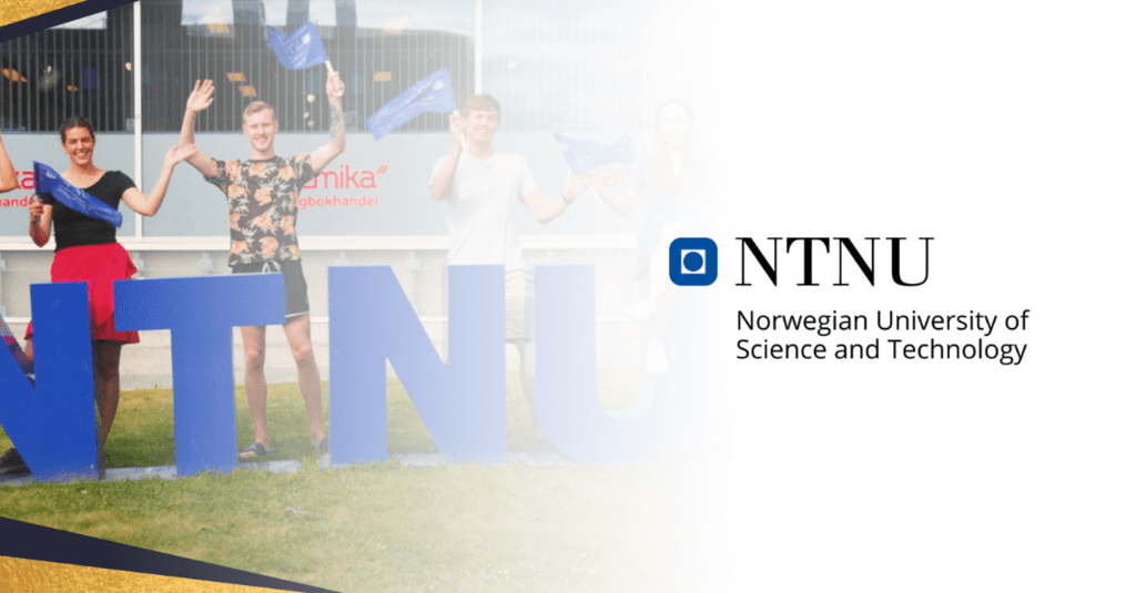 Employees posing behind NTNU sign next to the NTNU logo