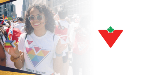 Woman wearing LGBTQIA+ Canadian Tire shirt next to the Canadian Tire logo