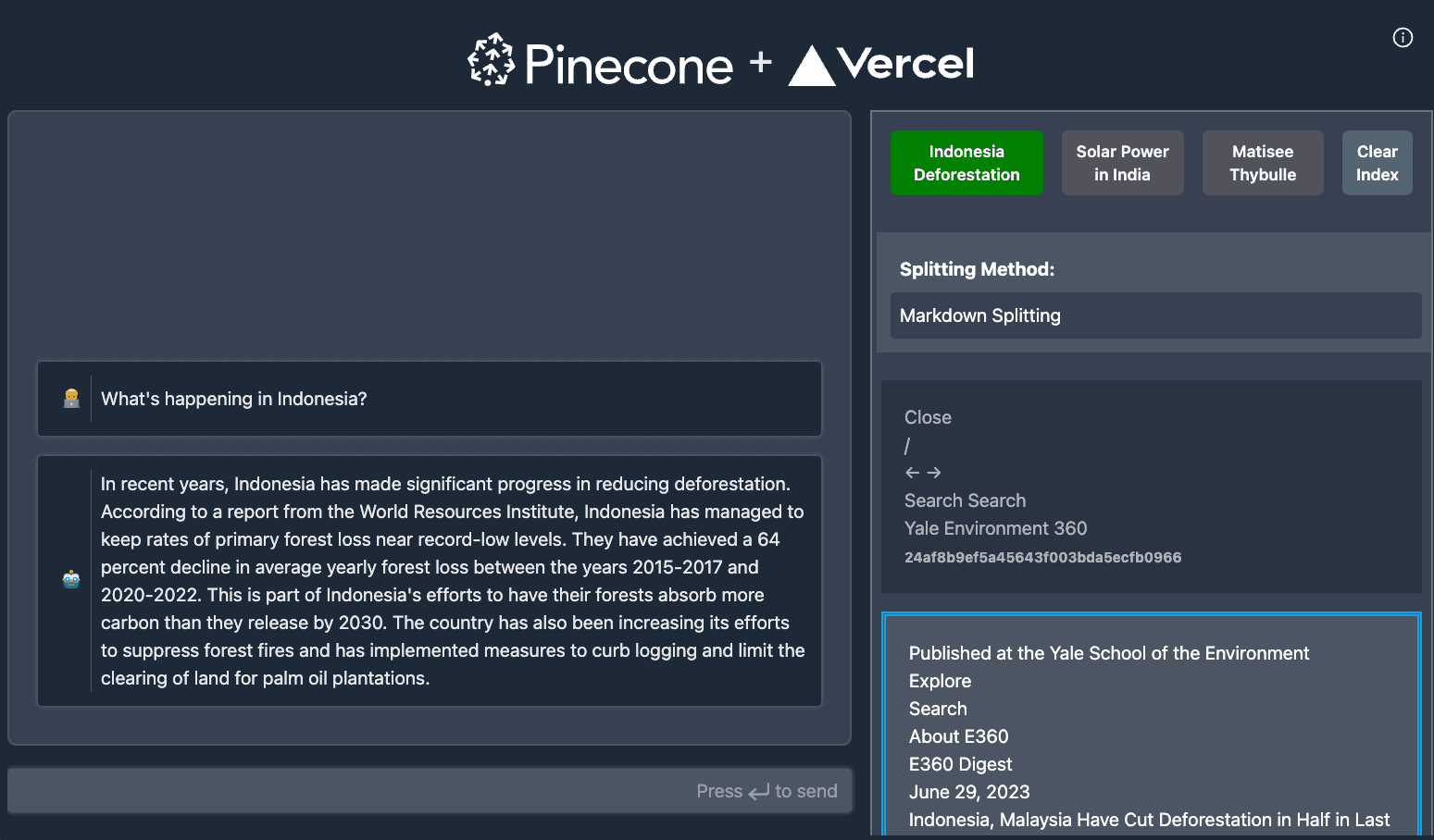 Pinecone - Vercel AI SDK Starter