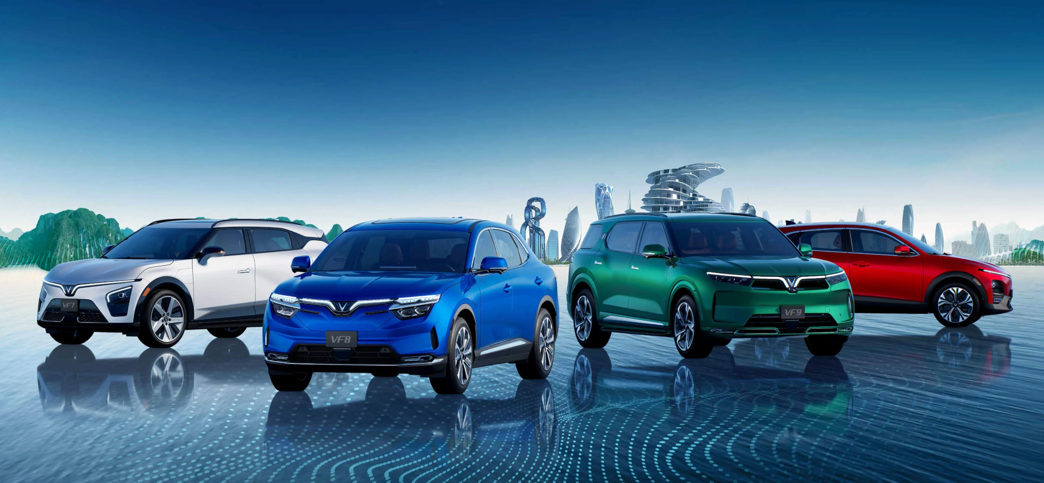 Silver VF 7, blue VF 8, green VF 9, and a red car from VinFast, a new electric car company, are in a futuristic city graphic