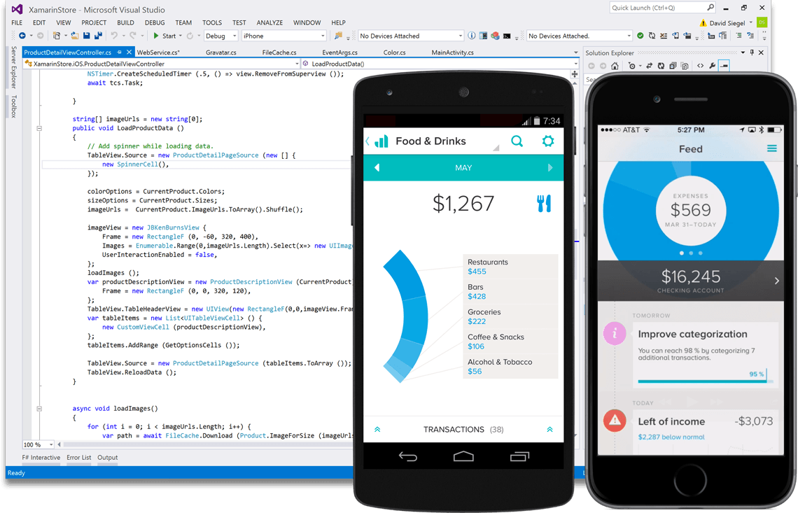 Screenshot dello sviluppo per dispositivi mobili di Visual Studio Professional 2017