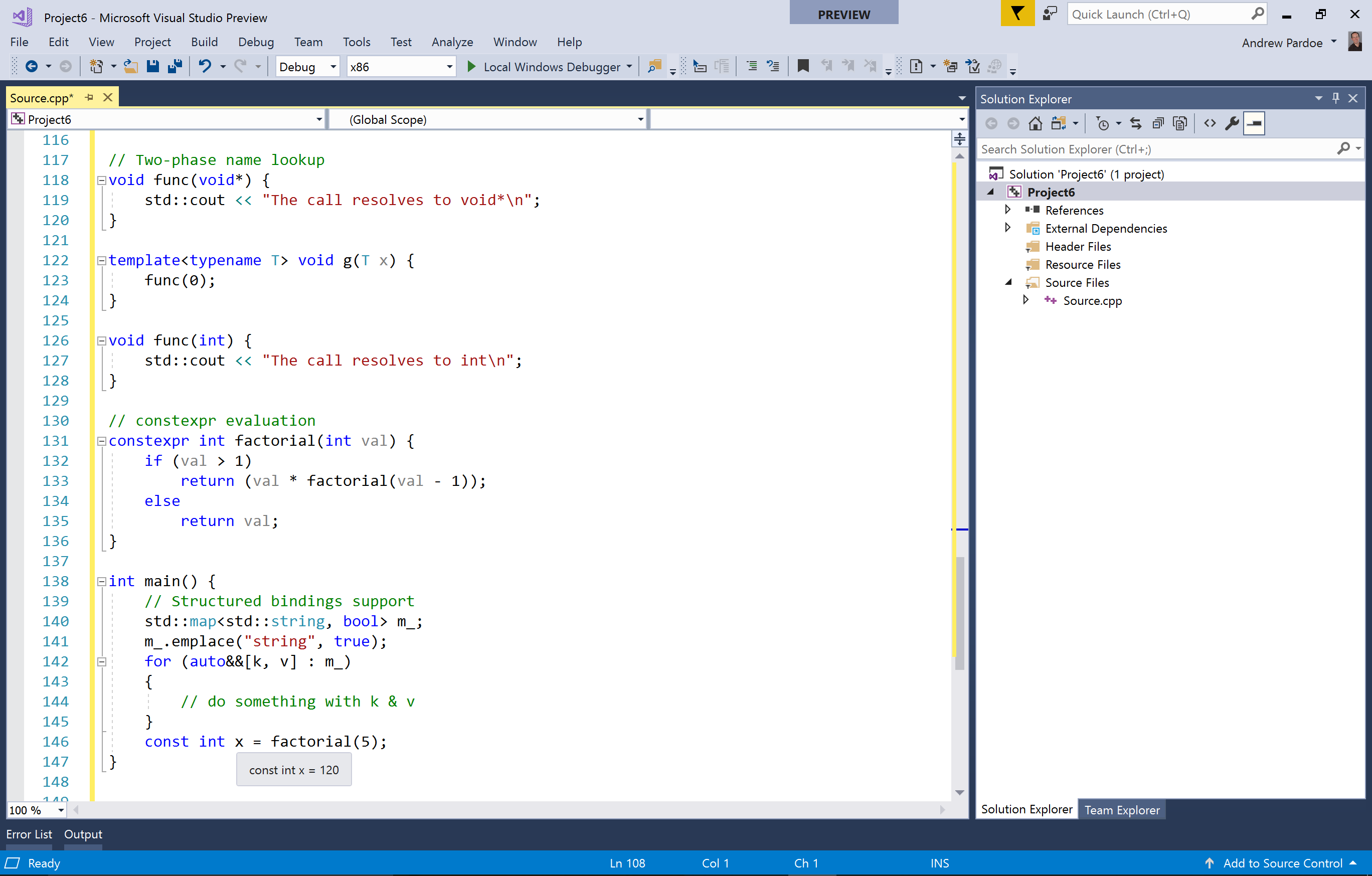 Screenshot der Unterstützung für C++ 11, C++ 14 und viele Features von C++ 17