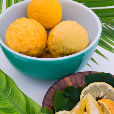 a bowl with three oranges