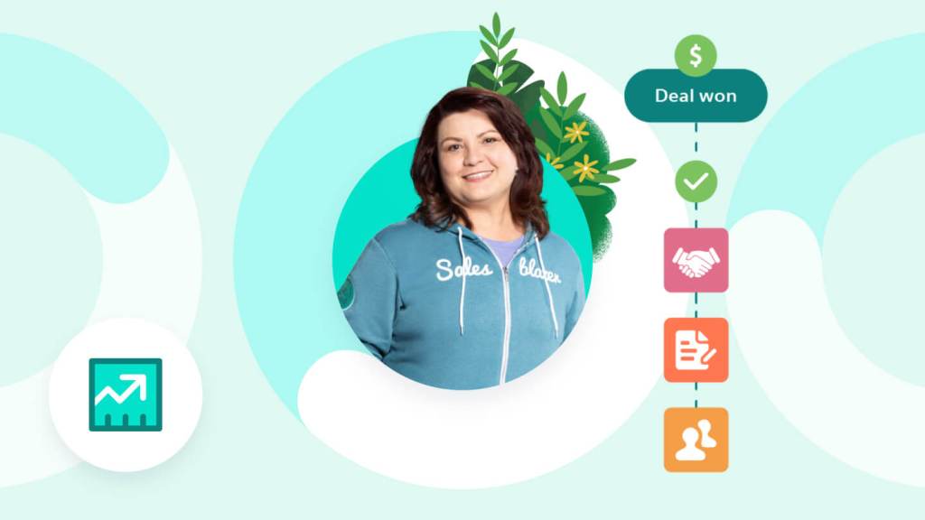 A headshot of a Salesblazer in a hoodie next to CRM icons about closing a sales deal.