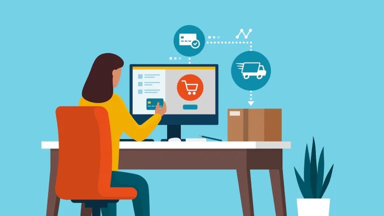 Illustraion of person using computer with AI and commerce