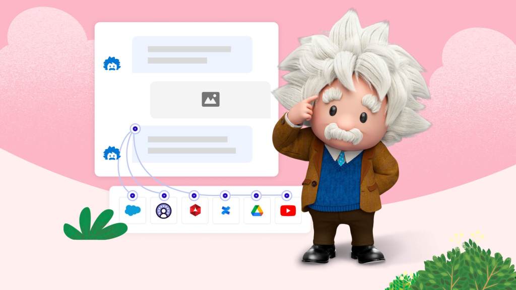 Salesforce mascot Einstein tapping his temple next to a conversational exchange in a service chatbot. 