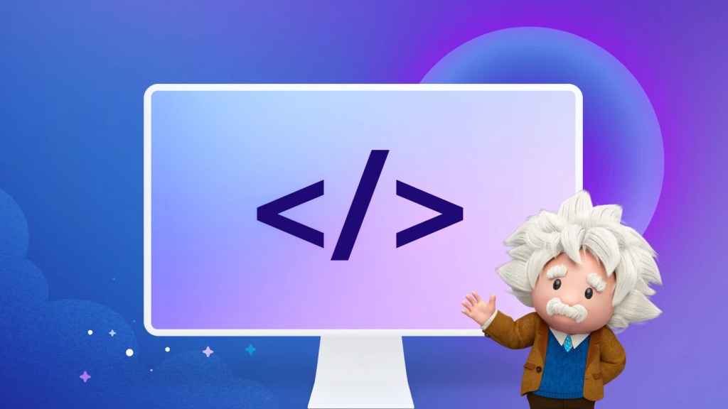 Einstein gesturing at animated greater than / less than symbols.