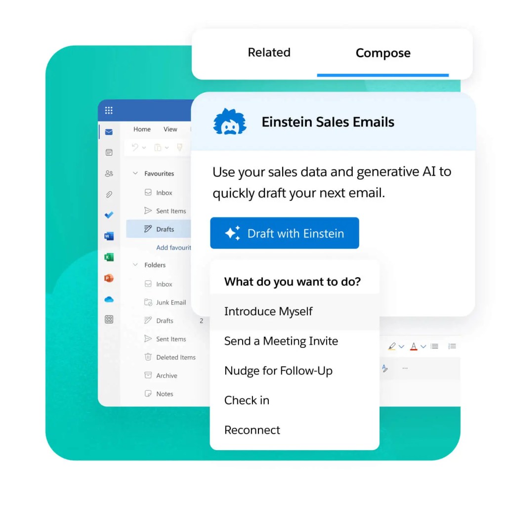 An Outlook window displaying Einstein's product features. 