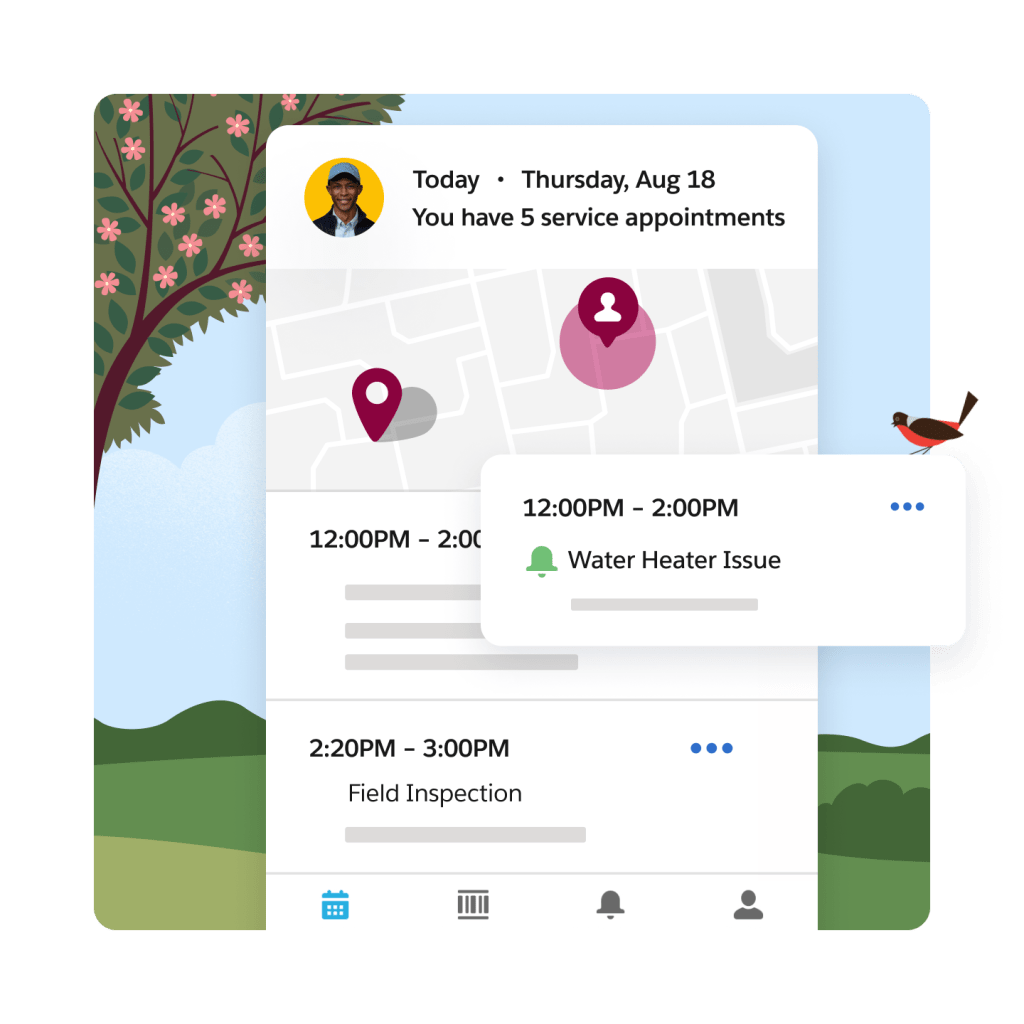 A screen shows amount of service appointments, the time of a water heater appointment and field inspection.