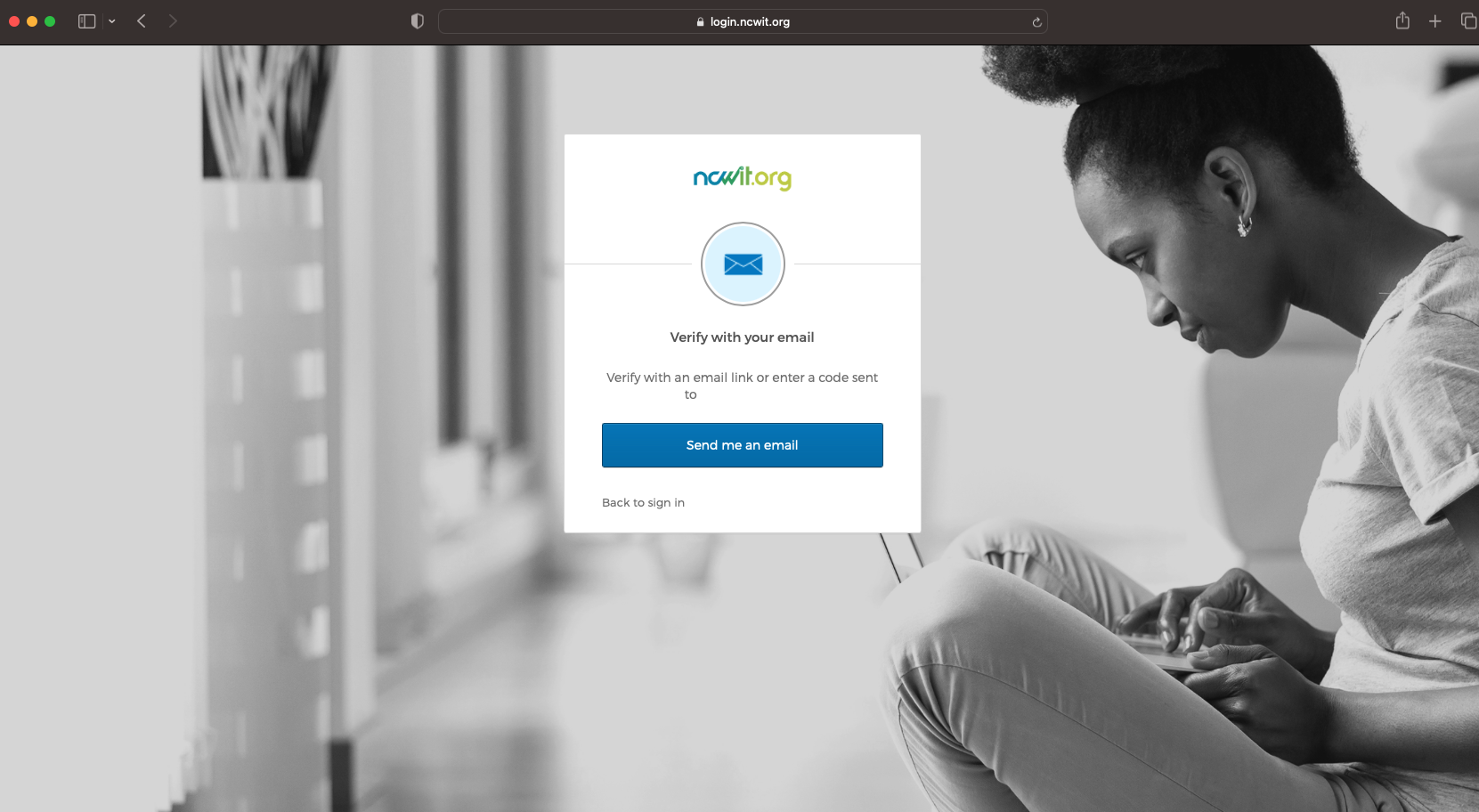 Screenshot of the verification page with ncwit.org, which can be used to email a secure login link. 