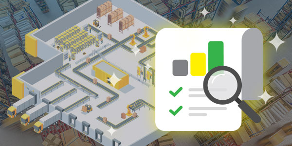 Infographic of factory with icon of magnifying glass examining report with bar graph