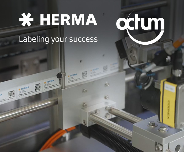 The Octum and Herma logos are shown next to a labeling system printing labels with QR codes is set up next to a Cognex machine vision system