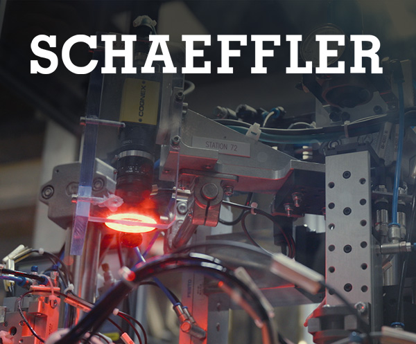 The Schaeffler logo with a photo of EV manufacturing equipment, including a Cognex smart camera, along with the captured image of a vehicle part being inspected.