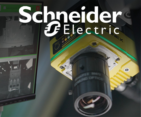 The Schneider Electric logo is shown near a Cognex machine vision system as it captures images shown on a computer screen.