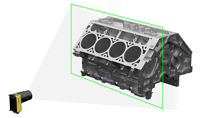 A ilustração da foto mostra uma câmera de captura de área capturando uma imagem de um bloco do motor.