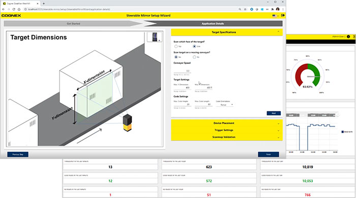 Pantallas de interfaz de usuario con campos de ingreso de datos para configurar un espejo orientable de alta velocidad y hacer un seguimiento del rendimiento.