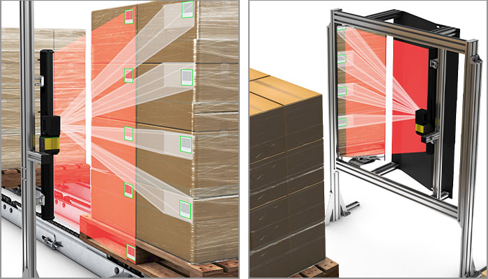 Dos imágenes del sistema de cámara de visión artificial leyendo códigos de barras en palets. Uno utiliza un espejo para el reflejo y el otro lee los códigos de barras directamente.