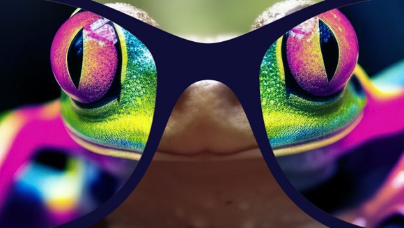 A dull frog seen colorful through glasses