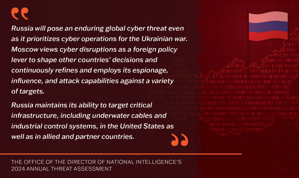 "Russia will pose an enduring global cyber threat even as it prioritizes cyber operations for the Ukrainian war. Moscow views cyber disruptions as a foreign policy lever to shape other countries' decisions and continuously refines and employs its espionage, influence, and attack capabilities against a variety of targets. Russia maintains its ability to target critical infrastructure, including underwater cables and ICS, in the U.S. as well as in allied and partner countries." - ODNI Threat Assessment