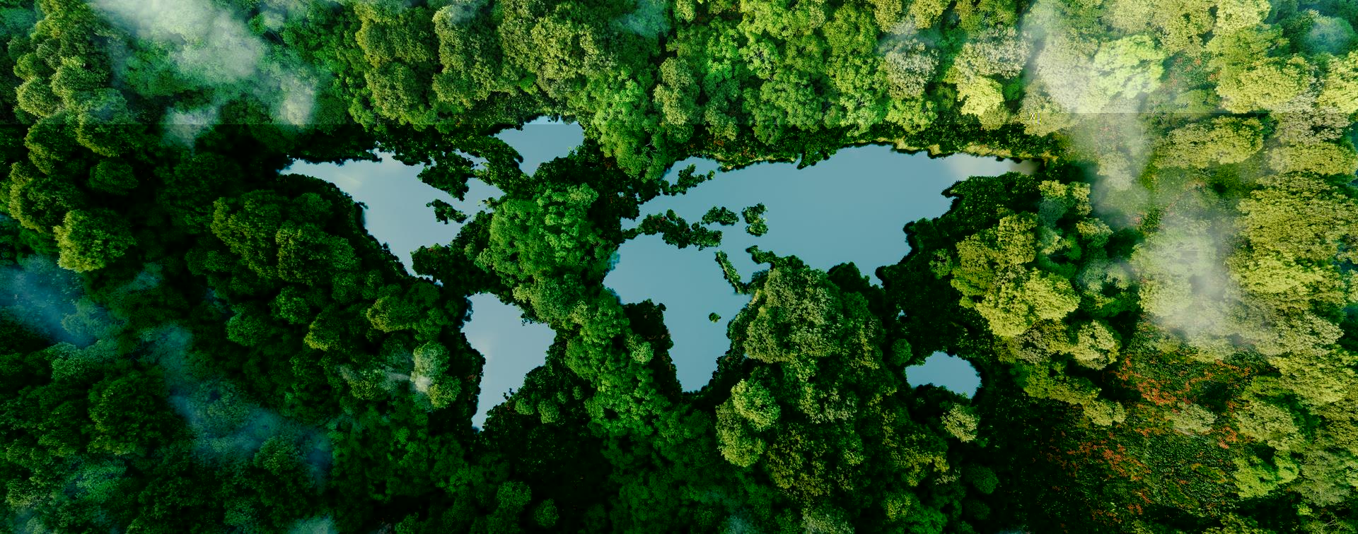 Photo illustration of a world map depicted by water and trees