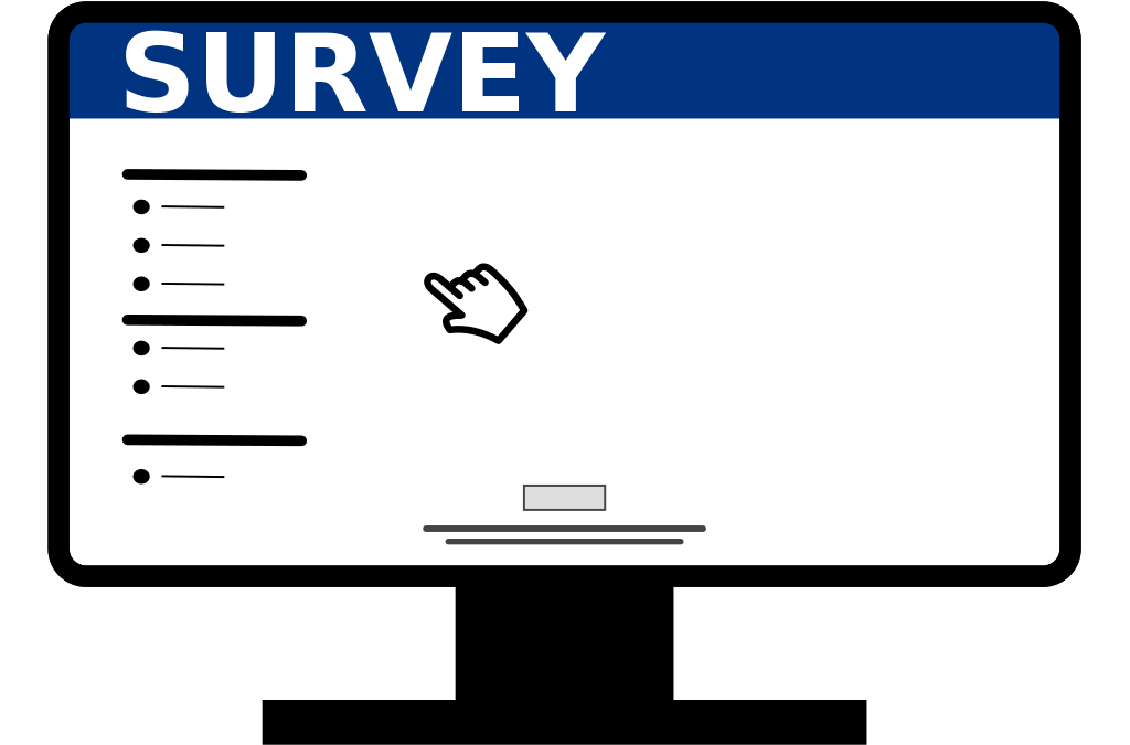 a graphic of a desktop computer screen. Survey is written on the screen with multiple choice questions. A finger points at the screen.