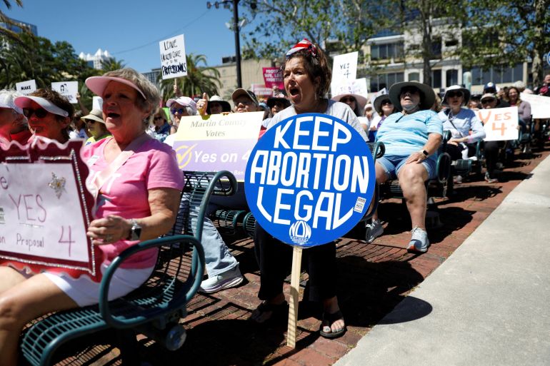 FILE PHOTO: Abortion rights advocates gather to launch their 'Yes On 4' campaign with a march and rally against the six-week abortion ban ahead of November 5, when Florida voters will decide on whether there should be a right to abortion in the state, in Orlando, Florida, U.S. April 13, 2024. REUTERS/Octavio Jones/File Photo