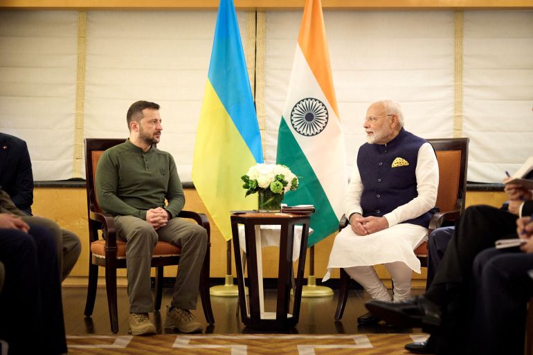 Ukraine's President Volodymyr Zelenskyy and Indian Prime Minister Narendra Modi attend a meeting during the United Nations General Assembly in New York