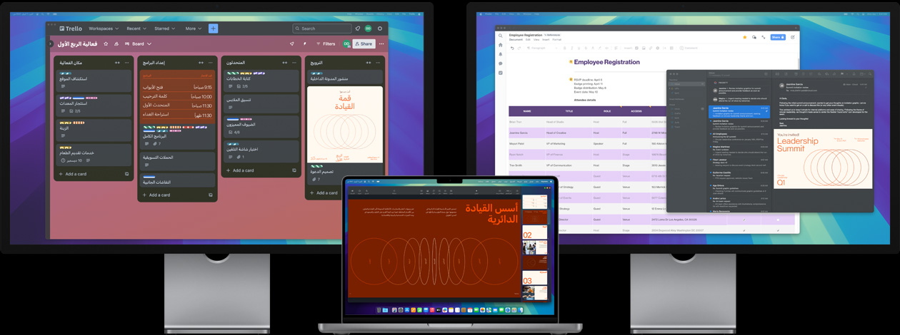 MacBook Pro مع شاشتي Studio Display، وعلى الشاشة مستخدم يستعد لقمة قيادية ويتتبع المهام في تطبيق Trello ويعد عرضاً تقديمياً ويراجع ملفات التصميم عبر الإيميل