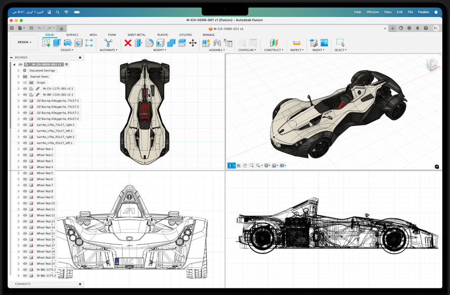 نموذج لسيارة سباق معروضة في تطبيق Autodesk Fusion‏