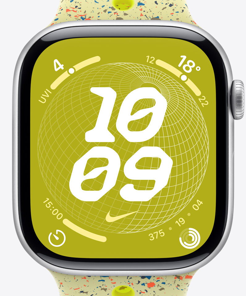 Nike Globe watch face showing time along with complications including Activity rings, UVI, temperature and stop watch