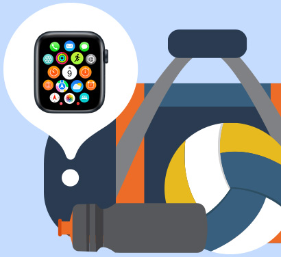 バッグのイラスト。Apple Watchが吹き出しの中に表示され、バッグの中のどこにあるかを示している。