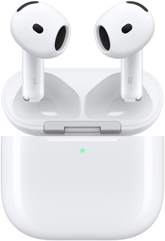 AirPods 4 floating above the charging case with lid open.