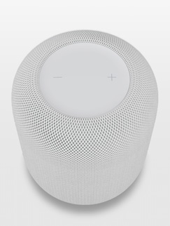 Der HomePod in Weiß auf dem Display eines iPhone in AR Ansicht.