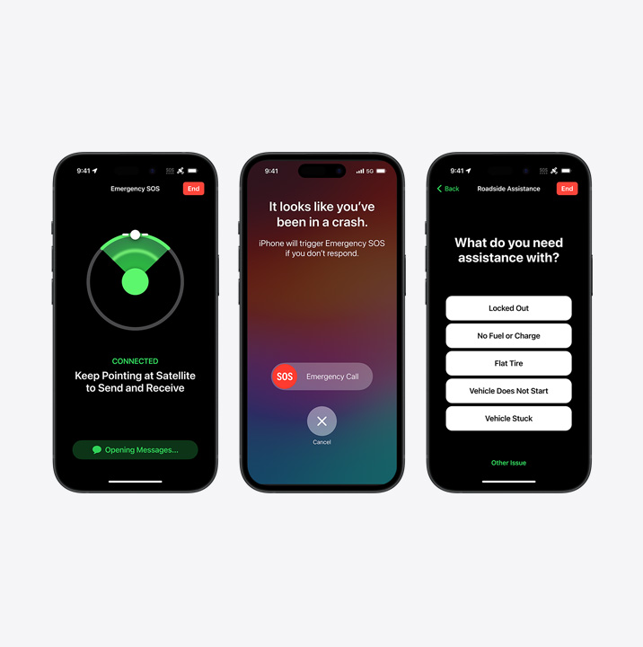 Three iPhone models displaying three different  interactions for Emergency SOS via satellite, Crash Detection, and Roadside Assistance via satellite.