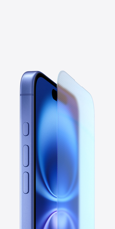 Three-quarter view of aerospace grade aluminum encloser in ultramarine and durable Ceramic Shield screen separated for effect from the iPhone 16.