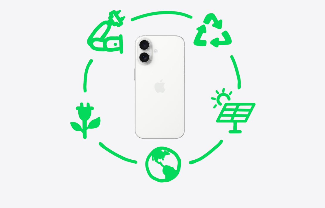 Afbeelding van alle stappen die Apple neemt om materialen te recyclen en te hergebruiken, zoals design en grondstoffen, productie, verpakking en vervoer, gebruik, en terugwinning.